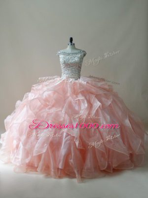 Hot Sale Beading and Ruffles Vestidos de Quinceanera Peach Zipper Sleeveless Floor Length