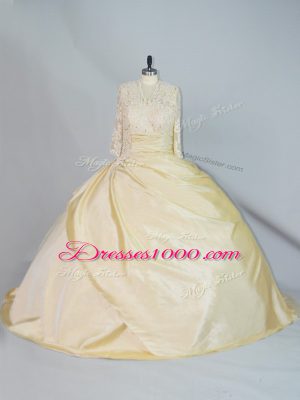 Yellow Ball Gowns Taffeta High-neck Long Sleeves Lace Lace Up Ball Gown Prom Dress Brush Train