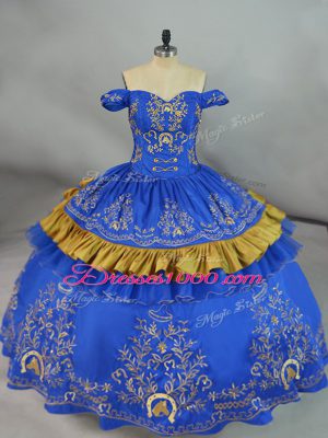 Blue Satin and Organza Lace Up 15th Birthday Dress Sleeveless Floor Length Embroidery