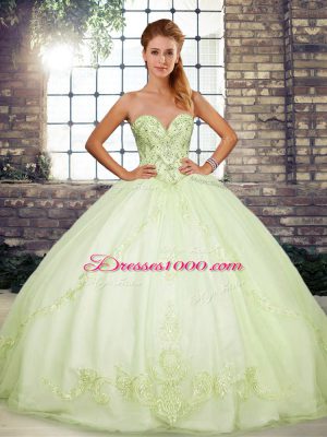 Admirable Sleeveless Floor Length Beading and Embroidery Lace Up 15 Quinceanera Dress with Yellow Green