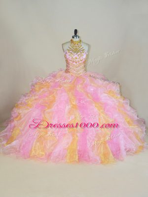 Sleeveless Beading and Ruffles Lace Up 15th Birthday Dress