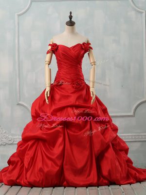Deluxe Red Taffeta Lace Up Quinceanera Dresses Sleeveless Court Train Pick Ups and Hand Made Flower