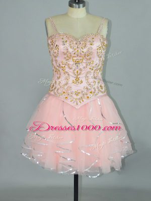 Vintage Pink Spaghetti Straps Neckline Beading and Ruffles Party Dress Sleeveless Lace Up