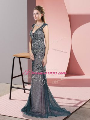 Romantic Sleeveless Tulle Sweep Train Zipper Evening Gowns in Teal with Beading