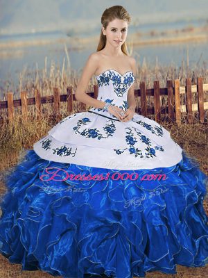Floor Length Ball Gowns Sleeveless Blue And White Quinceanera Gowns Lace Up