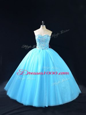 Deluxe Tulle Sweetheart Sleeveless Lace Up Beading Vestidos de Quinceanera in Baby Blue