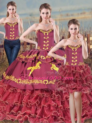 Beautiful Burgundy Sweetheart Neckline Embroidery and Ruffles Quinceanera Dress Sleeveless Lace Up