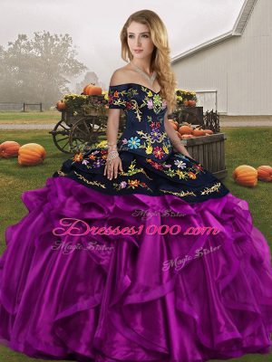 On Sale Black And Purple Sweet 16 Dress Military Ball and Sweet 16 and Quinceanera with Embroidery and Ruffles Off The Shoulder Sleeveless Lace Up