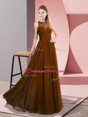 Brown Empire Scoop Sleeveless Chiffon Floor Length Zipper Lace Evening Dress