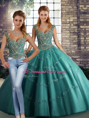 Modest Teal Sleeveless Beading and Appliques Floor Length Quinceanera Dress