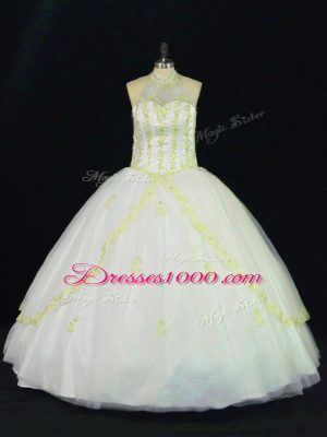 Yellow And White Lace Up Quinceanera Gowns Appliques Sleeveless Floor Length