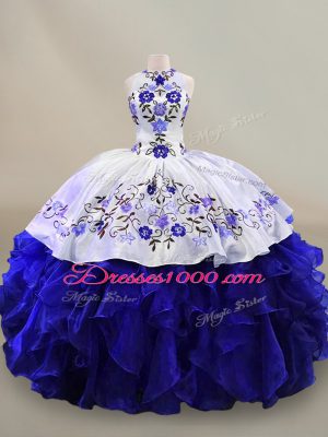Blue And White Lace Up Halter Top Embroidery and Ruffles Ball Gown Prom Dress Organza Sleeveless