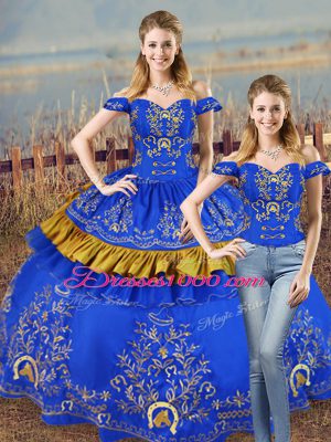Custom Design Floor Length Blue Vestidos de Quinceanera Off The Shoulder Sleeveless Lace Up