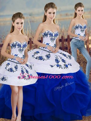 Royal Blue Lace Up Sweetheart Embroidery and Ruffles and Bowknot Quinceanera Gown Tulle Sleeveless