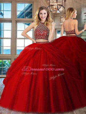 High End Sleeveless Floor Length Beading Backless Sweet 16 Quinceanera Dress with Red