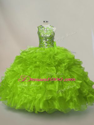 Green Organza Lace Up Scoop Sleeveless Floor Length Sweet 16 Dresses Ruffles and Sequins