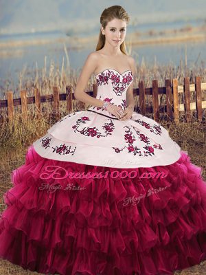 White And Red Sweetheart Neckline Embroidery and Ruffled Layers and Bowknot Sweet 16 Dress Sleeveless Lace Up