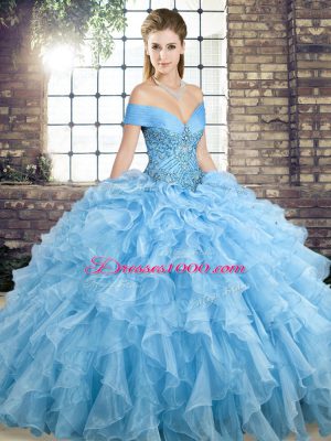 Sleeveless Beading and Ruffles Lace Up Quinceanera Dress with Blue Brush Train