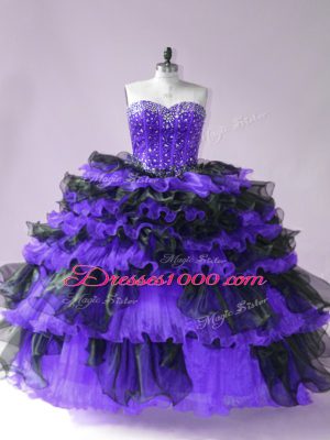 Captivating Black And Purple Lace Up Sweet 16 Dress Beading and Ruffled Layers Sleeveless Floor Length