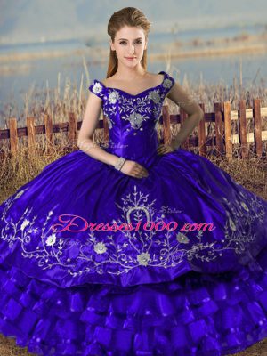 Fabulous Sleeveless Floor Length Embroidery and Ruffled Layers Lace Up Quinceanera Dress with Purple