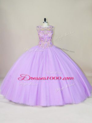 Lavender Ball Gowns Beading Sweet 16 Quinceanera Dress Lace Up Tulle Sleeveless Floor Length