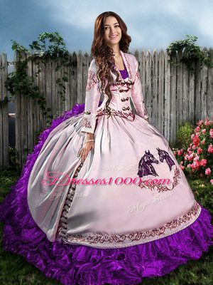 Floor Length Purple Quinceanera Dresses Satin Sleeveless Embroidery and Ruffles