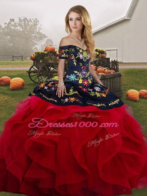 High Quality Red And Black Sleeveless Floor Length Embroidery and Ruffles Lace Up Ball Gown Prom Dress