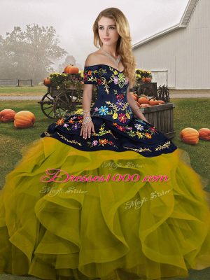 Fancy Olive Green Ball Gowns Off The Shoulder Sleeveless Tulle Floor Length Lace Up Embroidery and Ruffles Sweet 16 Dresses