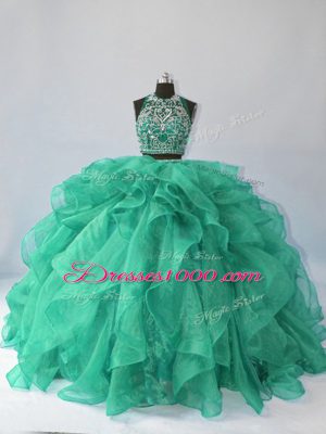 Turquoise Ball Gowns Organza Halter Top Sleeveless Beading and Ruffles Backless Ball Gown Prom Dress Brush Train