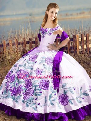 Off The Shoulder Sleeveless 15 Quinceanera Dress Floor Length Embroidery and Ruffles White And Purple Satin