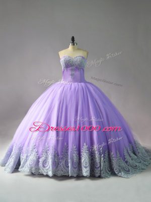 Fitting Sleeveless Court Train Lace Up Appliques Quinceanera Dress