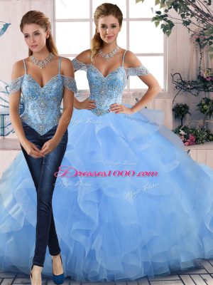 Blue Sleeveless Beading and Ruffles Floor Length Quinceanera Gowns
