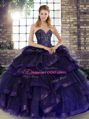 Purple Ball Gowns Beading and Ruffles 15th Birthday Dress Lace Up Tulle Sleeveless Floor Length