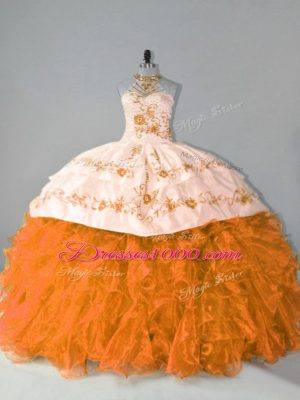 Customized Court Train Ball Gowns Sweet 16 Dress Orange Halter Top Organza Sleeveless Floor Length Lace Up