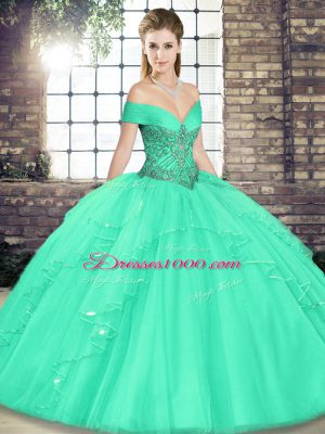 Suitable Apple Green Sweet 16 Dresses Military Ball and Sweet 16 and Quinceanera with Beading and Ruffles Off The Shoulder Sleeveless Lace Up