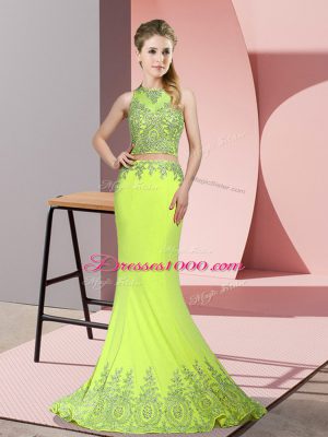 Yellow Green High-neck Zipper Beading and Appliques Evening Dress Sweep Train Sleeveless