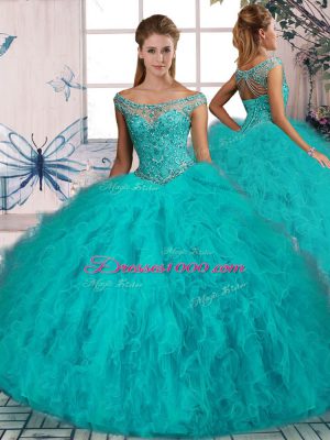 Best Selling Off The Shoulder Sleeveless Tulle Vestidos de Quinceanera Beading and Ruffles Brush Train Lace Up