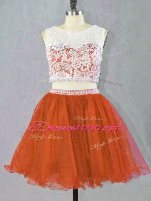 Free and Easy Two Pieces Red Carpet Prom Dress Red Scoop Organza Sleeveless Mini Length Zipper
