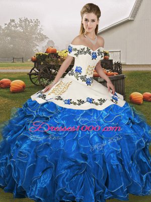 Dazzling Organza Off The Shoulder Sleeveless Lace Up Embroidery and Ruffles 15 Quinceanera Dress in Blue And White