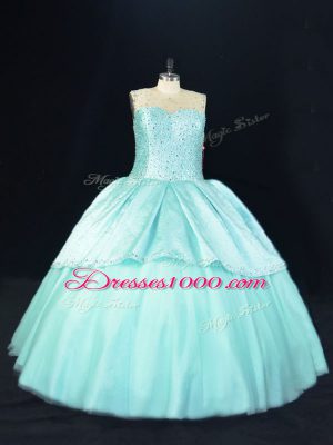 Great Beading Quinceanera Gowns Aqua Blue Lace Up Sleeveless Floor Length