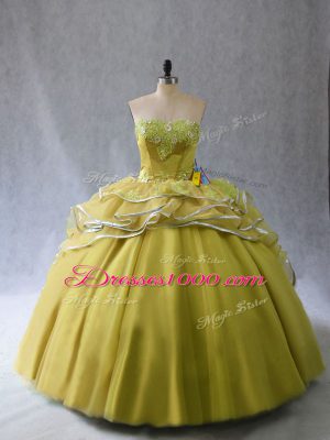 Sweetheart Sleeveless Quinceanera Dress Brush Train Appliques and Ruffles Olive Green Tulle