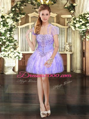 Lavender Organza Lace Up Strapless Sleeveless Mini Length Casual Dresses Beading and Lace and Ruffles