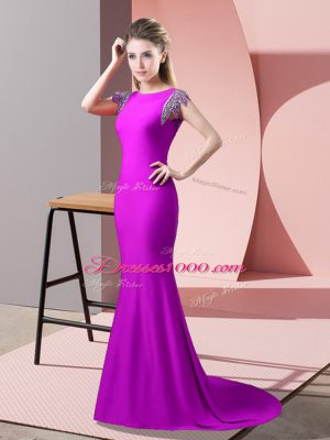 Mermaid Short Sleeves Fuchsia Going Out Dresses Brush Train Backless