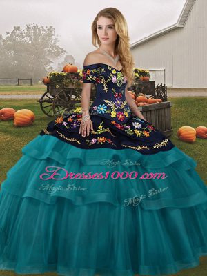 Fantastic Teal Sweet 16 Dresses Off The Shoulder Sleeveless Brush Train Lace Up
