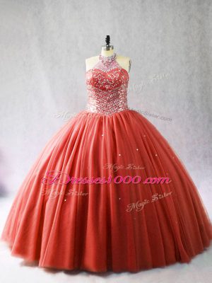 Traditional Sleeveless Brush Train Lace Up Beading Quinceanera Dress