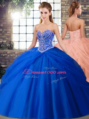 Fancy Sleeveless Beading and Pick Ups Lace Up Quince Ball Gowns with Royal Blue Brush Train