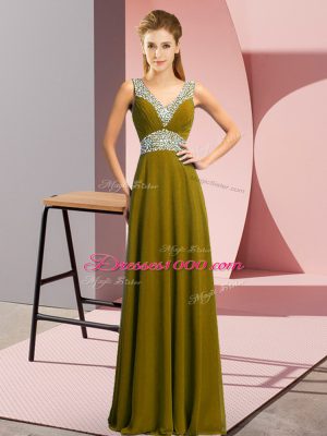 Attractive Olive Green Empire Beading Lace Up Chiffon Sleeveless Floor Length