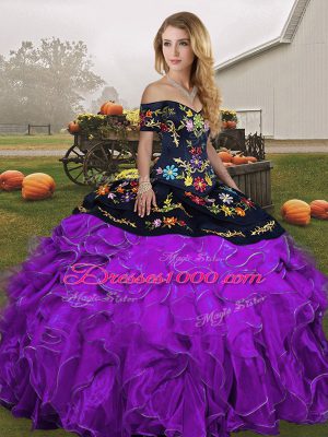Popular Off The Shoulder Sleeveless Quinceanera Dress Floor Length Embroidery and Ruffles Black And Purple Organza