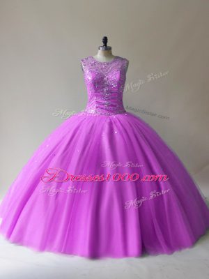 Enchanting Lilac Sleeveless Floor Length Beading Lace Up Quinceanera Dresses