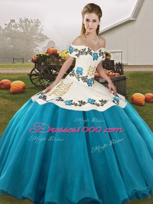 Embroidery Quinceanera Dresses Blue And White Lace Up Sleeveless Floor Length